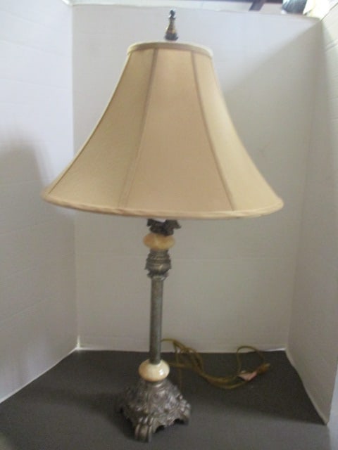 Vintage Ornate Metal and Stone Candlestick Lamp: 34"