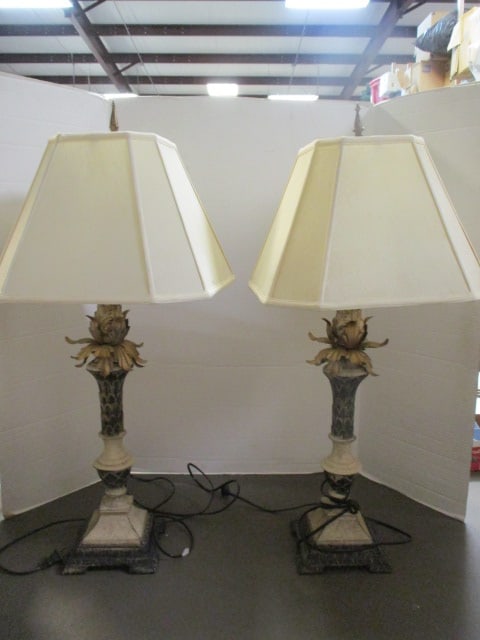 Pair of Vintage Ornate Gilded and Crackle Finish Lamps: 34" each