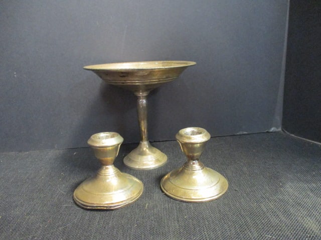 Sterling Compote & Pair of Sterling Weighted Candlesticks (1 of 7)
