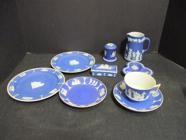Wedgwood Blue Jasperware Dark Blue Grouping: Trinket Box, Ashtray, Toothpick Holder, Creamer, etc. (See all Pictures)