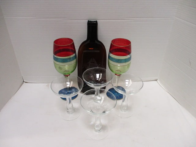 Crystal Stems (4) 5 1/4", 2 Colored Stems 9 1/2", &: Brown Amber Glass Cheese Server w/Fish Design