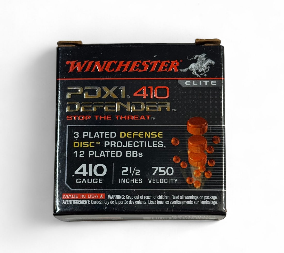 NIB 5rds. of PDX1 410 Defender 2.5” Personal Defense Ammunition: 3 Plated Defense Disc Projectiles 12 Plated BBs