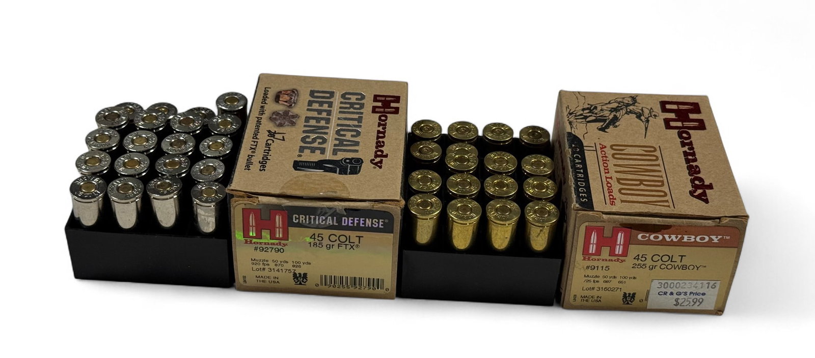 NIB 28rds. of .45 COLT Hornady Cowboy & Critical Defense Ammunition: (17) 185gr. FTX Critical Defense & (11) 255gr. Cowboy Ammo