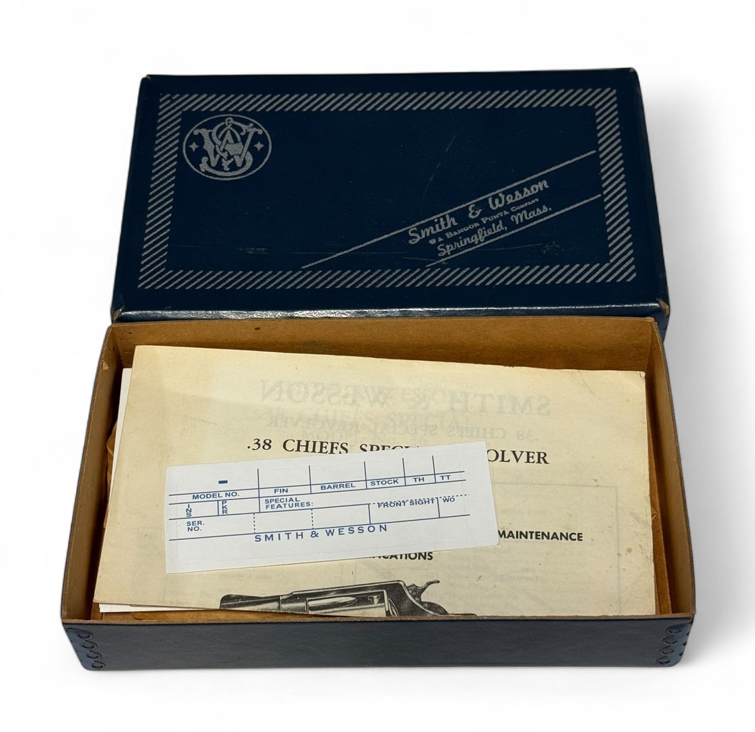 New Smith & Wesson Revolver Box with Paperwork for Model 36: This box comes with factory papers, wax paper, and an unused label to fill in yourself.