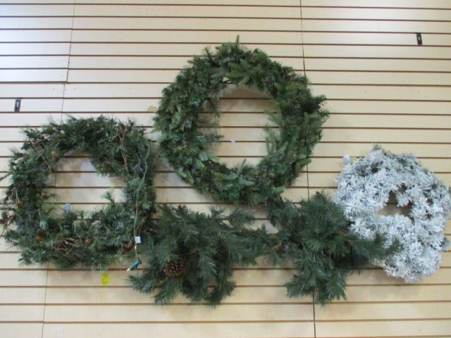 Three Artificial Pine Wreaths and Garland Swag: One wreath is prelit, one wreath is frosted, Local Pickup Only