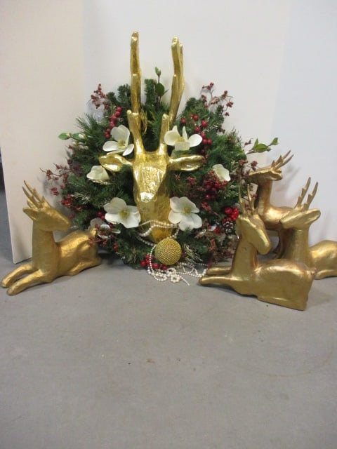 Four Gold Paper Mache Reindeer and Wreath: Reindeer antlers have one repaired tine and one broken tine-see pictures and preview, Local Pickup Only