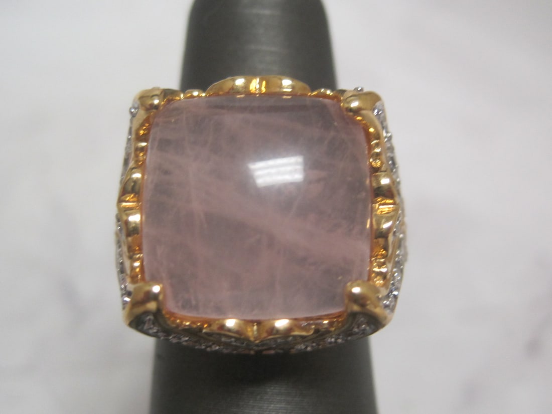 Gold over Sterling Silver 7+ ct Rose Quartz and CZ Ring: Size 5