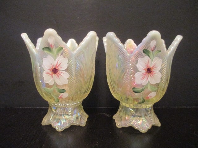 Pair of Fenton Handpainted Yellow Uranium/Vaseline Glass Votive Holders: 4"h, signed hand painted by G. Enoch with Cursive Fenton "F" hallmark