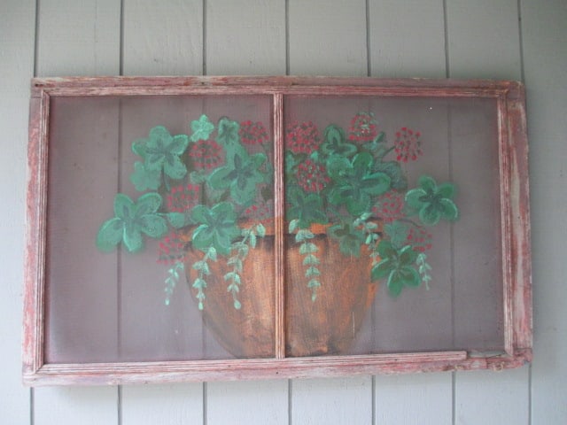 Primitive Painted Red Window Screen with Handpainted Geraniums in Pot (1 of 5)