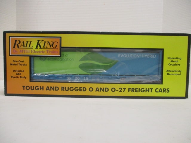 Rail King "General Electric Evolution Hybrid" Buckhead Flatcar with Lumber Load: in Original Box, #30-76614, O and 0-27 Scale