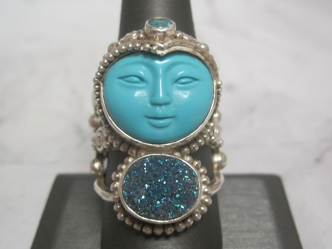 Sterling Silver Designer Ring with Face and Druzy Crystals (1 of 4)