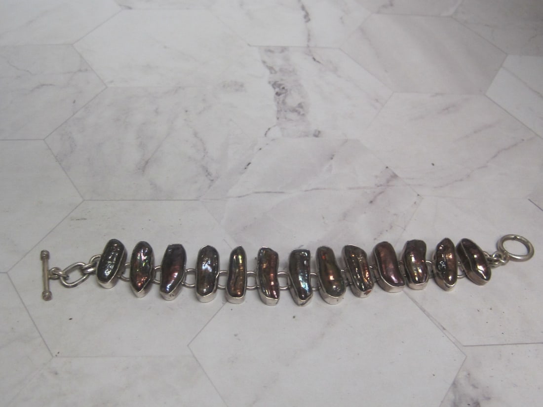 7" Sterling Silver Fine Fresh Water Peacock Pearl Bracelet: Weighs 44 grams
