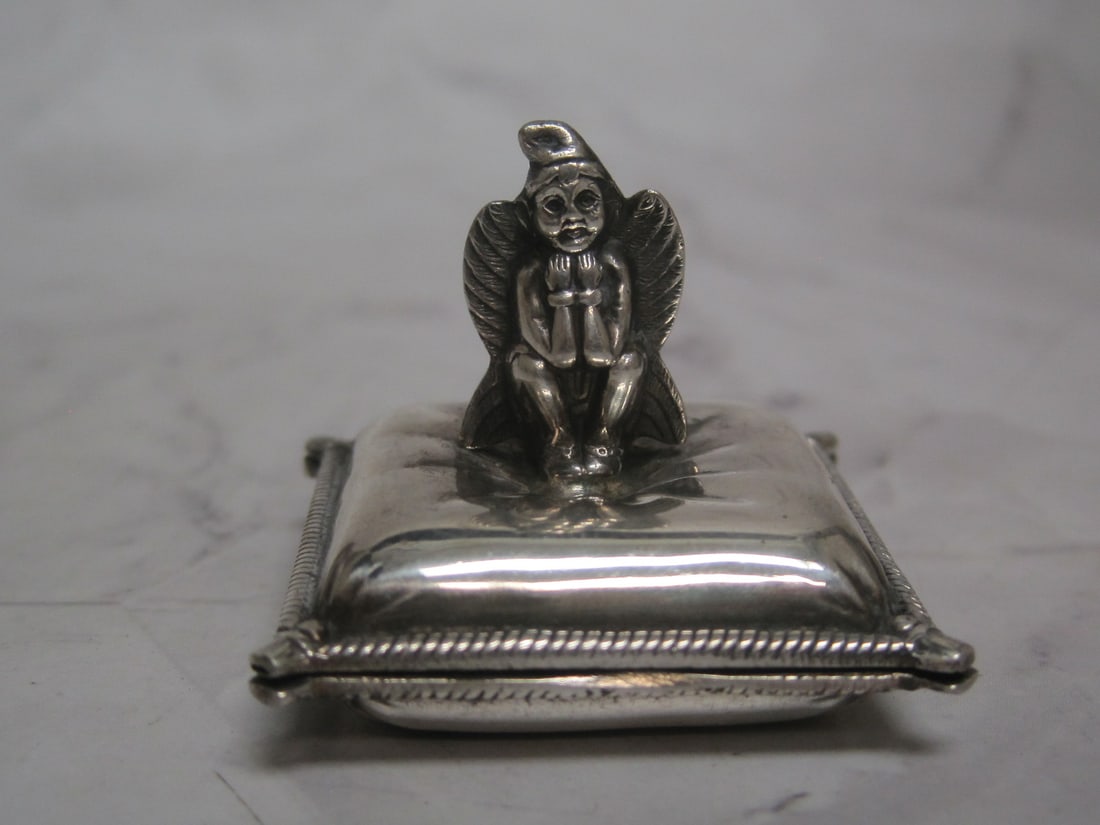 Sterling Silver Figural Angel on Pillow Pill Box: Weighs 23 grams