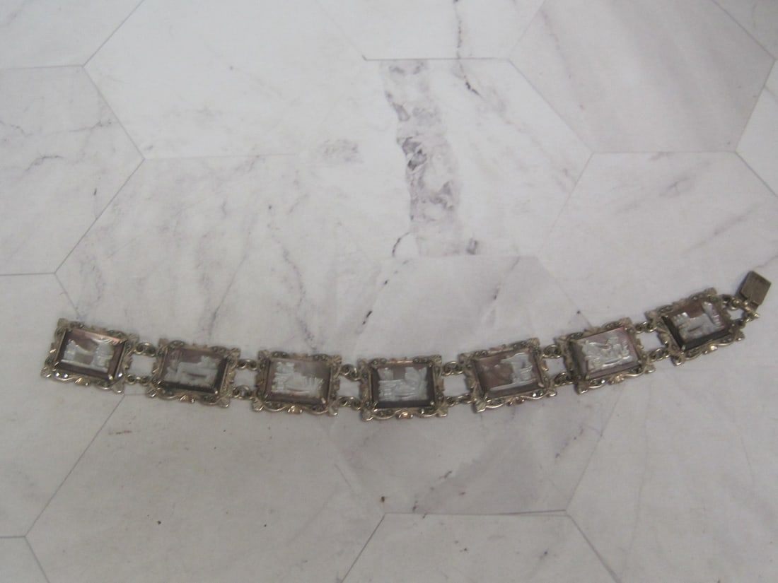 7" .800 Fine Silver Cameo "Carved Abalone" Bracelet: Signed.