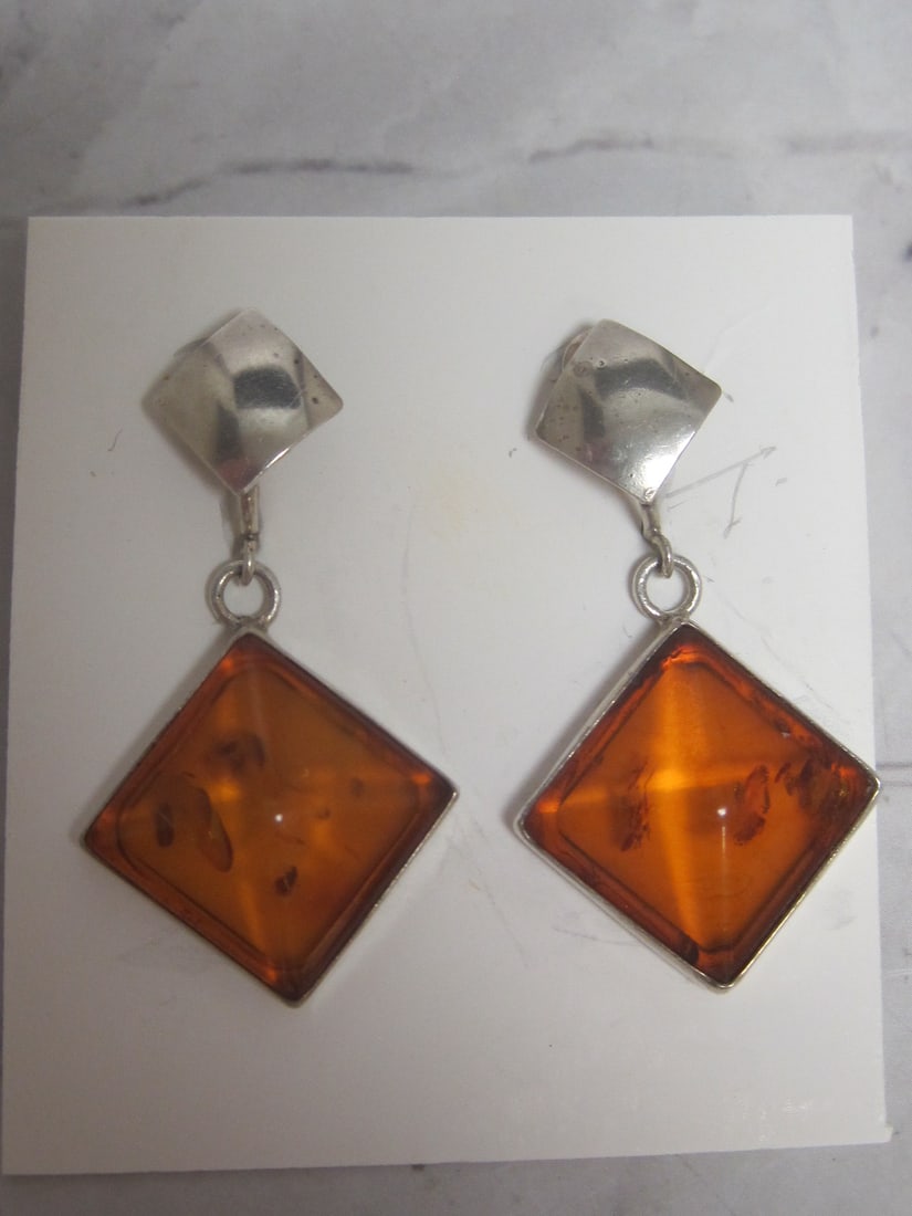 Sterling Silver Amber Earrings: Square Cabachon style- Vintage Screwback