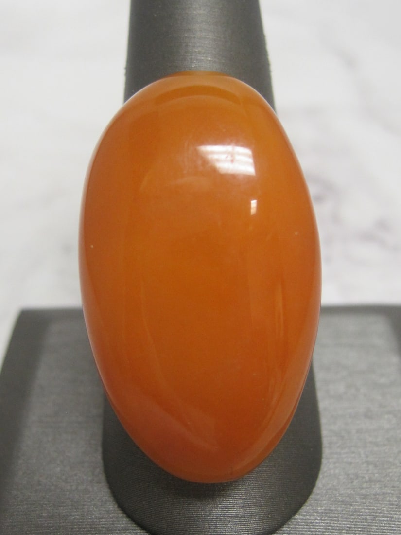Antique European Sterling Silver Amber Ring: Size 10. Large Elongated Amber Stone. Hallmarked