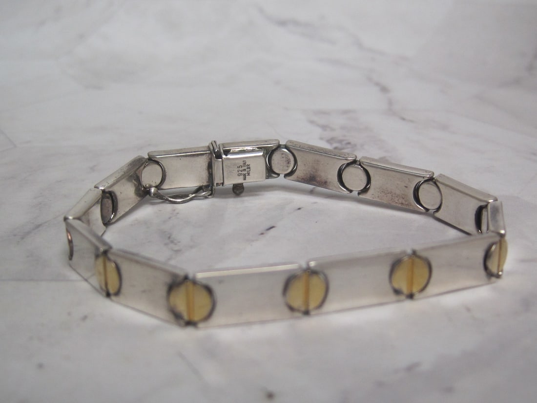 Italian Sterling Silver Bracelet with Gold Accent Screw Head Design: Weighs 15 grams