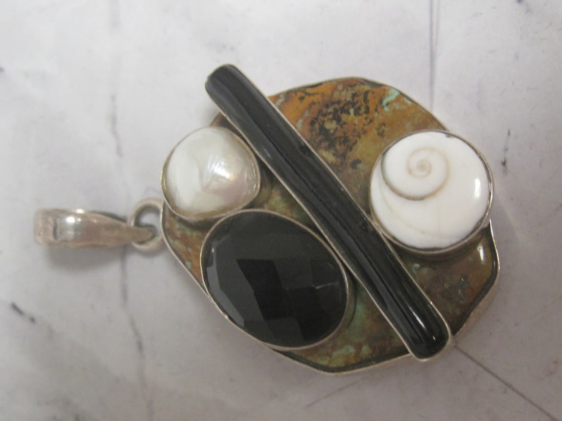 Sterling Silver Turquoise, Pearl and Stone Pendant: Artisan Piece. Weighs 26 grams