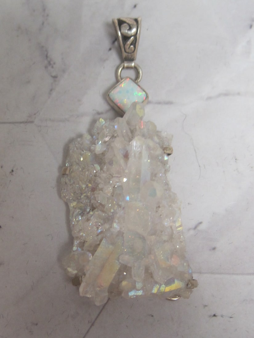 Sterling Silver Natural Crystal and Lab Opal Pendant: .
