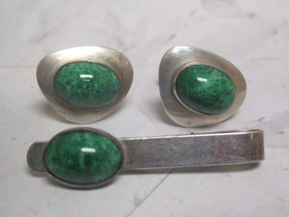 Silpada Stone and Silver Cuff Links and Tie Bar: European .800 Fine Silver. Seldom Seen Stone
