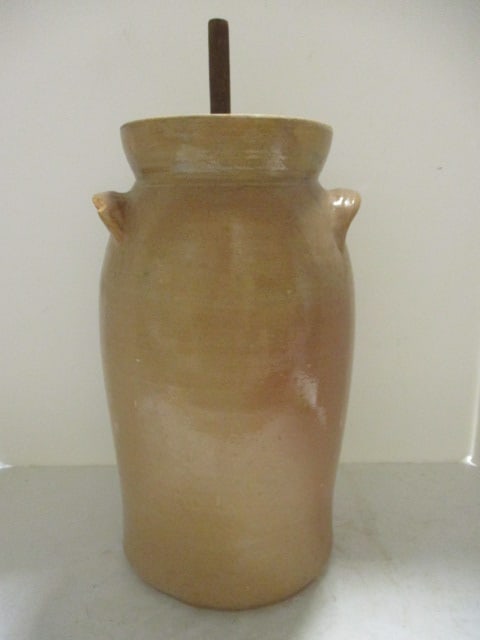 Vintage 3 Gallon Glazed Terra Cotta Butter Churn with Lid and Dasher: 15 1/2"h(18 1/2"h to top of dasher), applied finger tab handles, one handle chipped