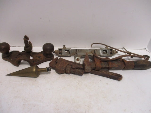 Old Tools-Pipe Wrenches, Brass Plumb Bob, Stanley No. 71 Router Plane and Saw Gauge (1 of 20)
