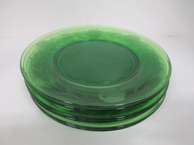 Depression Glass Etched Green (Lot of 6) 7 1/2" Plates: .