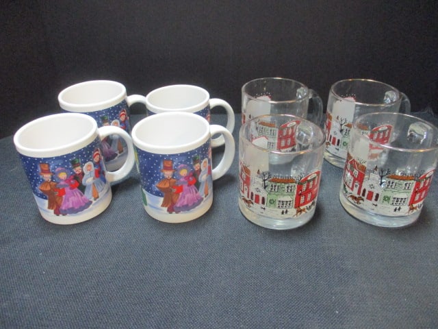Christmas Mugs-1990 (Lot of 4) & Libby (Lot of 4) Winter Village Mugs: .