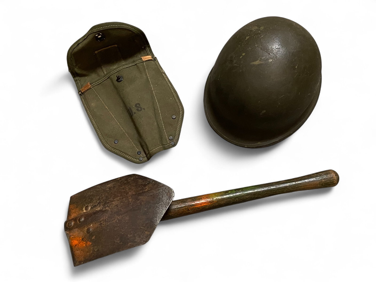 M1 Helmet with Rear Seam and US Military Trenching Tool with Cover: See photos