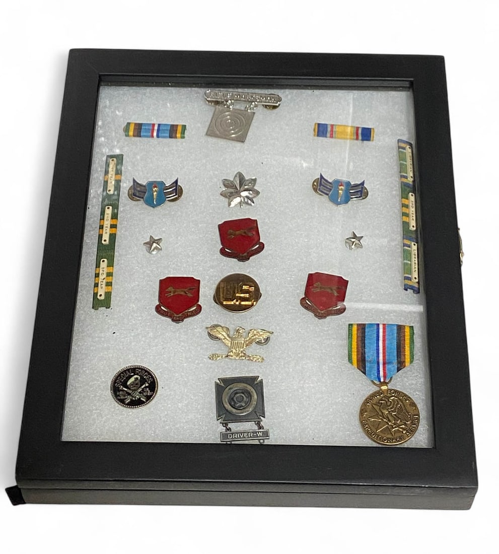 Lot of (18) US Military Related Pins/Badges/Stripes in Nice Glass Shadowbox (1 of 6)