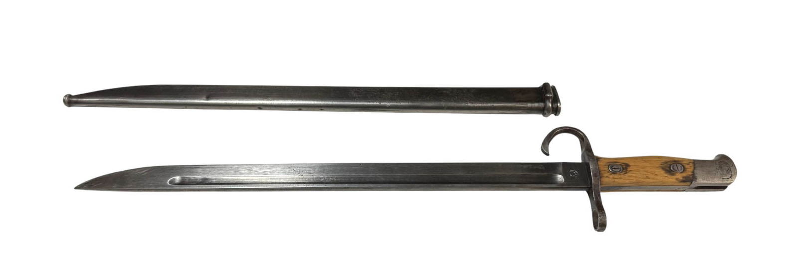 Japanese Type 30 Nagoya Bayonet with Scabbard: See photos for markings. Manufactured by Nagoya, no subcontractor stamps. Blade measures approximately 16”, overall length approximately 20”. Very good condition.