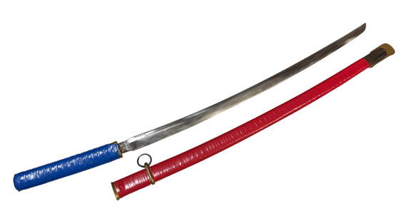 Sword with Intricate Electrical Tape Design: Blade measures approximately 26”. Grip and scabbard have been completely wrapped with electrical tape for aesthetic purposes. Missing guard. Blade shows marks of sharpening and scabbard appears