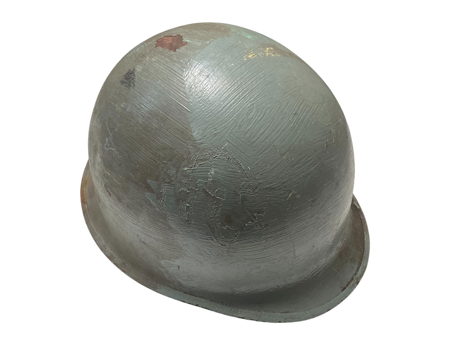 Foreign Gray Painted M1 Helmet with Liner and Chin Strap: See photos. Shell painted gray. Swivel Bales. Do not see front or rear seam.