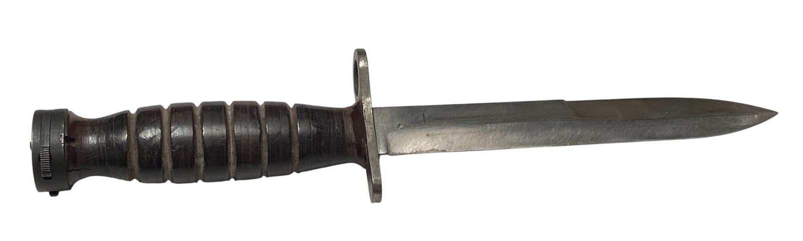 US M4 Bayonet by PAL for M1 Carbine: Marked USM4 PAL on guard. Marked S on base. Overall length approximately 11.5”, blade measures approximately 6.75”. In very good condition