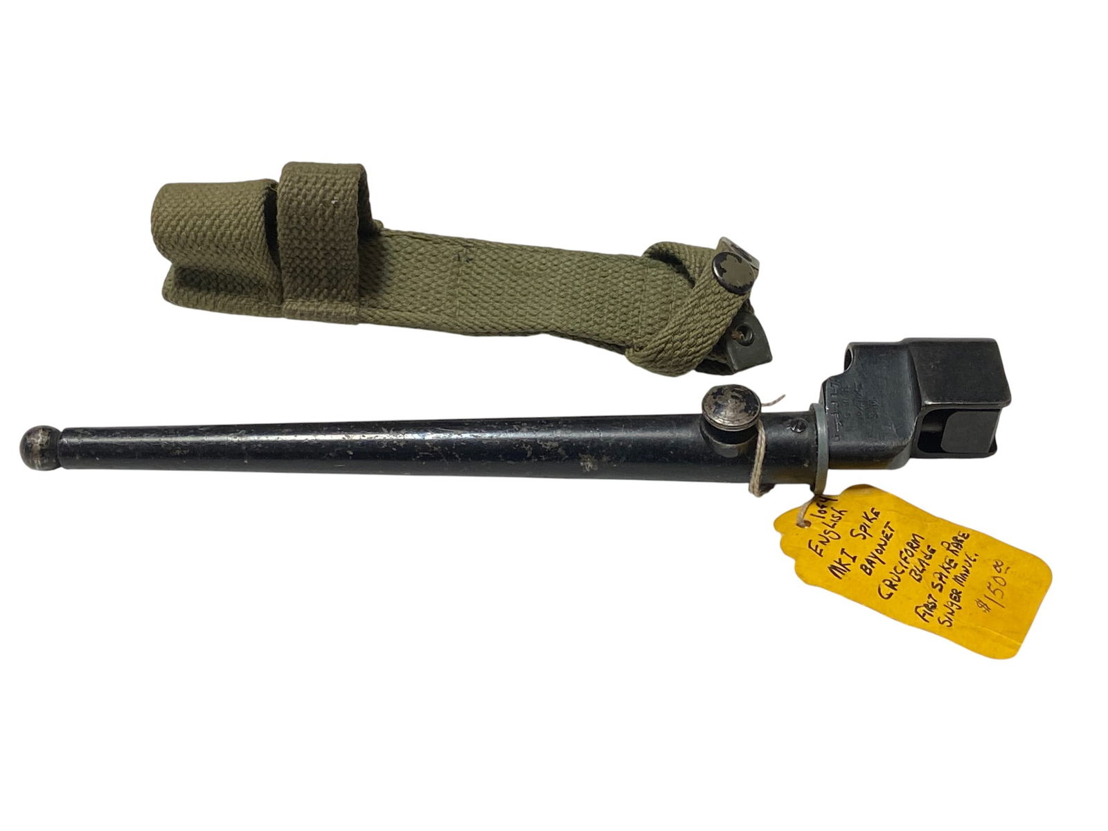 RARE English MK. I No. 4 Enfield Cruciform Spike Bayonet by Singer with Scabbard and Canvas Frog (1 of 8)