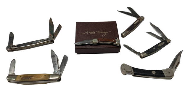 Lot of (6) Vintage Pocket Knives: See photos for what&#8217;s all here, sizes, more information/conditions.| 1- Uncle Henry Schrade+ LB-1 miniature pocket knife in case, in very good condition | 2- Stag Ireland Three-Blade- fair condi