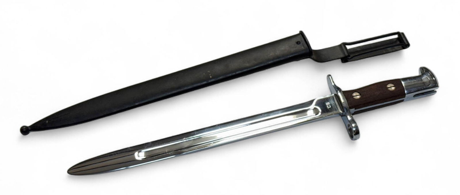 Excellent US M1892 Krag-Jorgenson1903 Dated Ceremonial Dress / Parade Bayonet with Scabbard: Excellent condition with nice Nickel or Chrome Finish. Blade measures approximately 11.5”, overall length approximately 16”. This 1903 dated bayonet is a little more uncommon than the earl