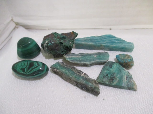 Malachite Slab Pieces (4), Tumbled Pieces (3), raw piece (1 of 5)