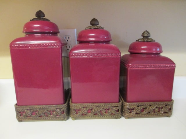 Gracious Goods 3 Piece Canister Set with Bronzed Metal Stands and Finials: .
