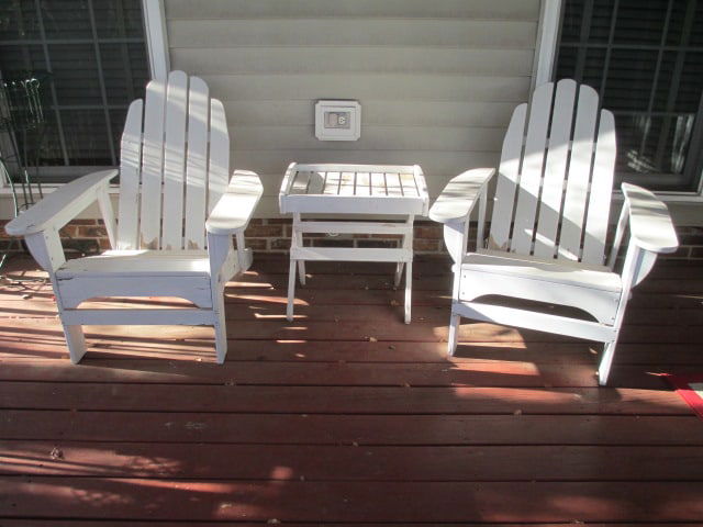 Pair of Painted White Adirondack Style Wood Chairs and Tray Table: Chairs 30 1/2"w, Table 21" x 17" x 23", paint peeling and slight weathering, Local Pickup Only