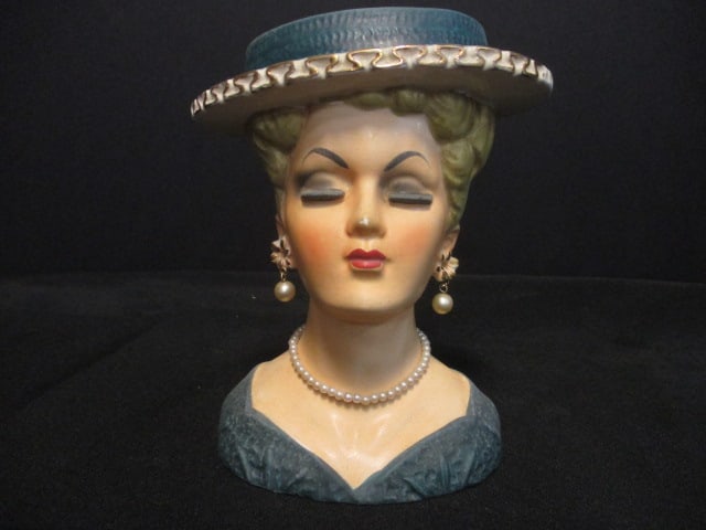 Lady Head Vase w/Green Hat & Dress: 7"