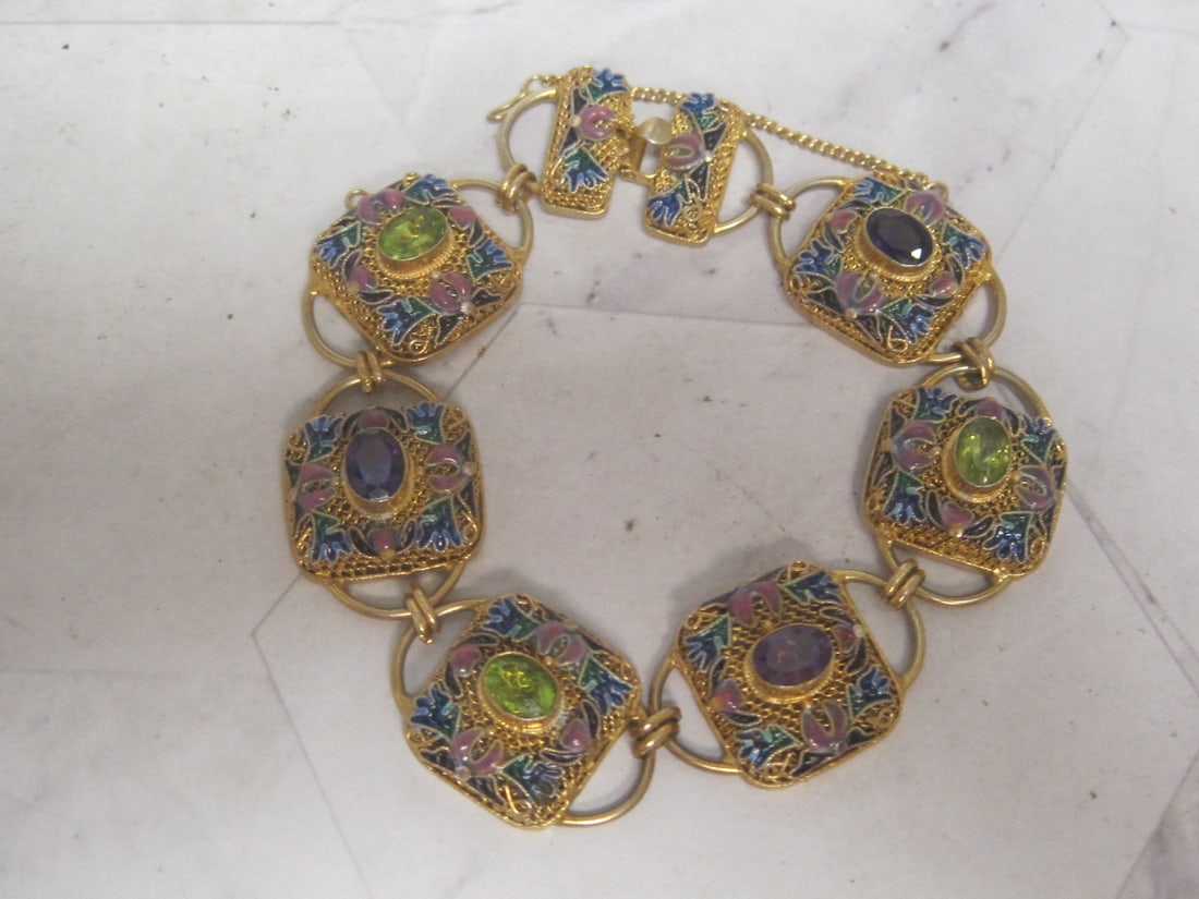 7 1/2" Gold over Sterling Silver Enameled Gemstone Bracelet (1 of 5)