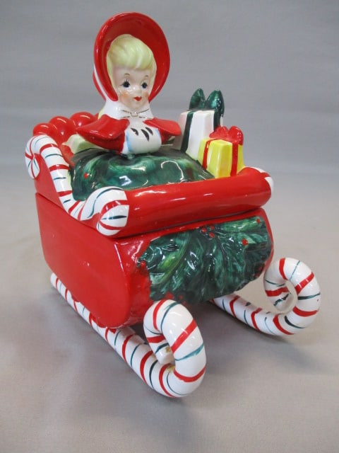 1956 "Christmas Shopper Girl" in Candy Cane Sleigh Ceramic: By Geo Z Lefton 6" x 6.5"