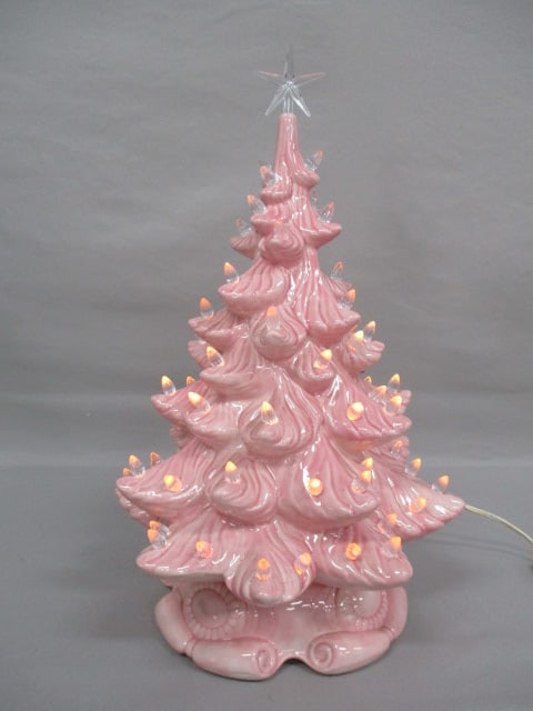 Vintage 2pc Pink Ceramic Christmas Tree w/ Clear "Peg" Lights (1 of 11)