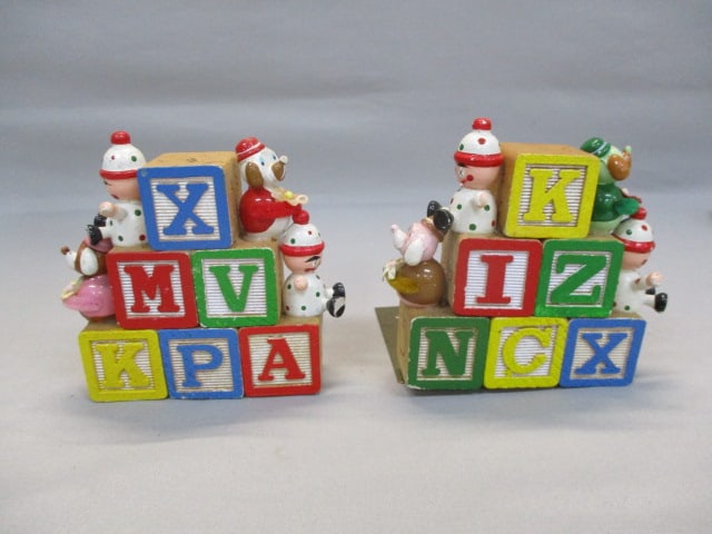 1970's ABC Wood Blocks Bookends w/Brass Base 4"x 4": .
