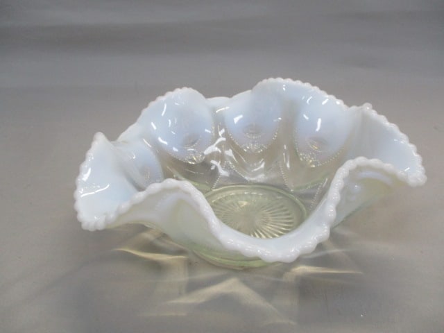 Vintage Fenton Hobnail Opalescent Moonstone Ruffled Bowl: 9.5" x 4"