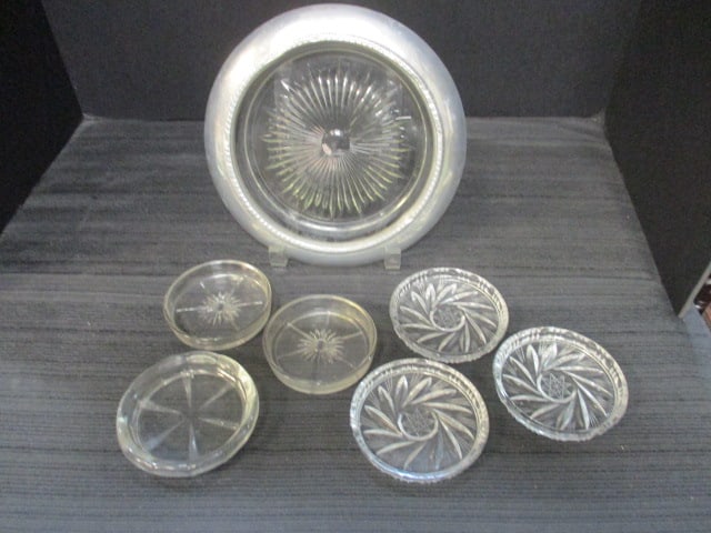9" Bottle Coaster w/Silver Rim & 6 Misc. Glass Coasters 3 1/2": .