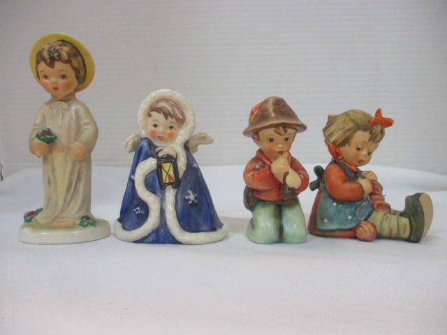 Goebel Figurines- Lot of 4 Little Tooter in Box Final Issue 3": Christ Child w/Holly (Signed 5"), Angel w/Lantern (1958 3 1/2"), Knit One,Purl One (1982 Signed 3")