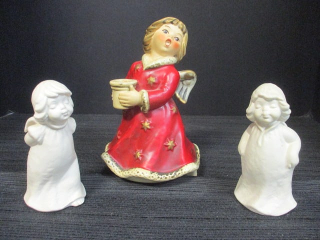 Goebel (Lot of 3): Christmas Angel Musical Candleholder (1966 6 1/2"), White Porcelain Kissing Angels (2) 1971