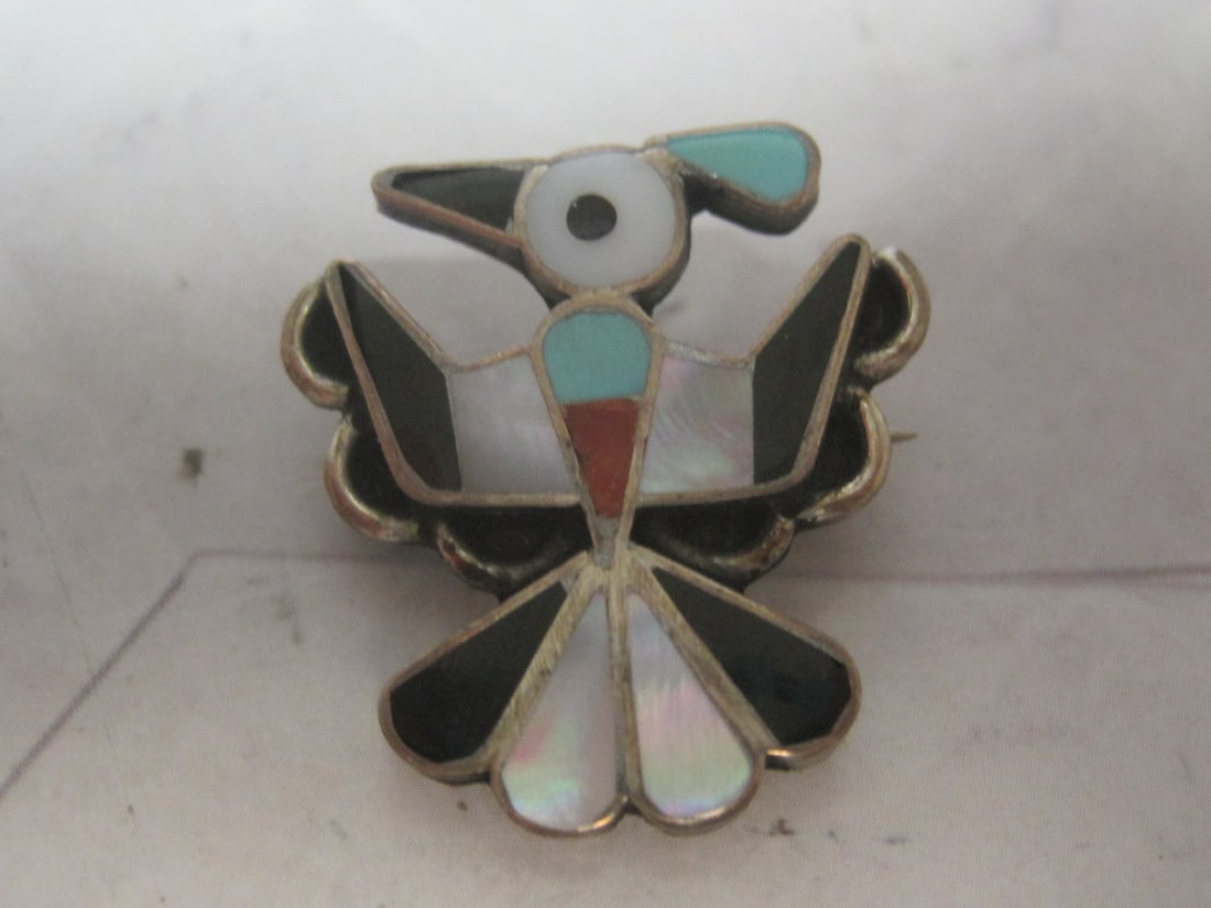 Sterling Silver Navajo or Zuni Figural Bird Pin with Multi Stone Inlay (1 of 5)